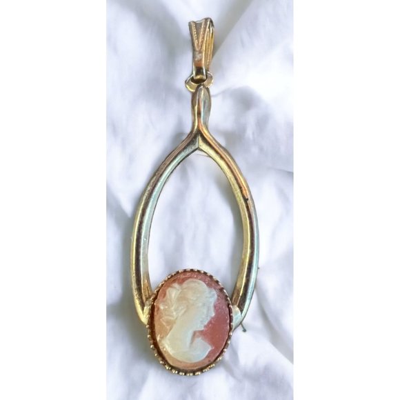 Vintage Gold Tone Wishbone with Cameo Pendant - Picture 3 of 13